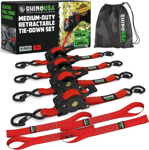 Vista 12 de Rhino USA Correas de trinquete retráctiles (paquete de 2) – 1 pulgada x 10 pies (1,209 libras de resistencia a la rotura) – Correas de amarre auto