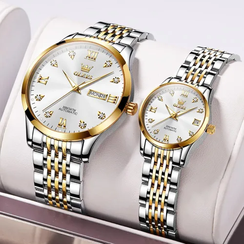 Vista 2 de OLEVS Conjunto de relojes para parejas para hombres y mujeres, regalos para el día de San Valentín, mecánico automático, cuerda automática, reloj