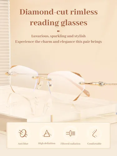 Vista 2 de LUFF Rimless Reading Glasses for Women,Blue Light Blocking Cmopute Reders Ultra-light 0.6oz Metal Cat Eye Framless +1.0 to +4.0 & other powers