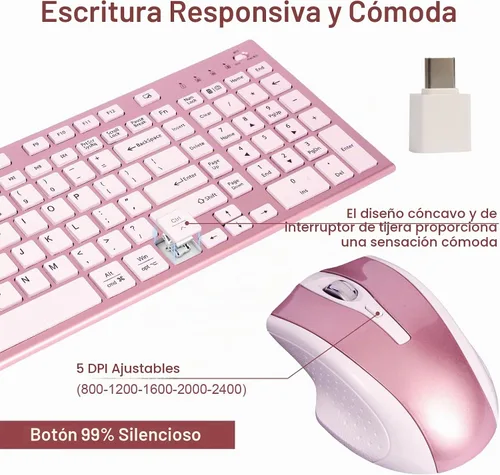 Vista 4 de Juego de teclado y mouse inalámbricos, 2.4G USB silencioso ultrafino compacto de tamaño completo, compatible con PC, Windows, Mac, MacBook (oro rosa)