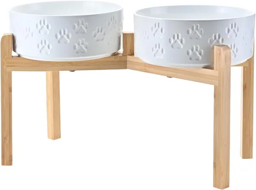 Vista 32 de SPUNKYJUNKY Cuencos elevados de cerámica para perros, 5.1 pulgadas, para comida de perros y gatos, cuencos elevados con soporte de bambú Verde oscuro