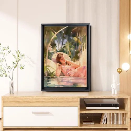 Vista 4 de Fine Art Print, Illustration, Summer-Inspired Tropical Artwork for Wall Decor, Relaxing Woman by the Pool Amidst Lush Plants