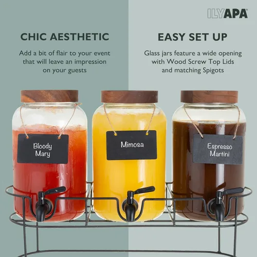 Vista 4 de Ilyapa Dispensador de bebidas de vidrio para fiestas - paquete de 3, dispensador triple de bebidas múltiples de 1 galón con soporte, tapas de madera