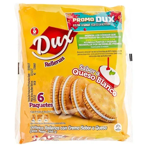 Vista 2 de Dux Sandwich Crackers (paquete de 18) con sabor a crema de queso blanco, Snack Crackers Galletas Dux con sabor a Queso blanco Colombian crakers.