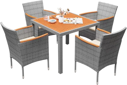 Vista 14 de Devoko - Juego de comedor de madera de acacia, 5 piezas, ratán negro
