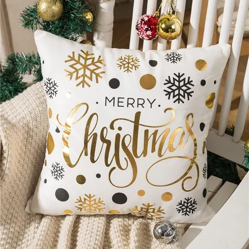 Vista 2 de Juego de 4 fundas de almohada de Navidad de 18 x 18 pulgadas, fundas de almohada doradas con estampado de copos de nieve a rayas, fundas de cojín