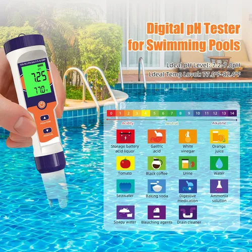 Vista 4 de Probador digital de sal de piscina 7 en 1 pH, ORP, Salinity, TDS, EC, Temperature Meter, For Saltwater Pools, Hot Tubs, Spas, Aquariums, Azul