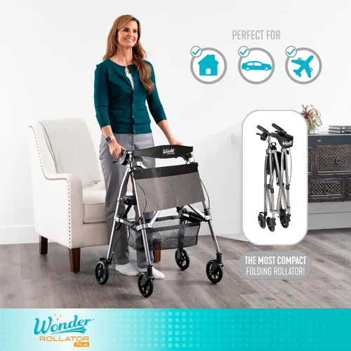 Vista 2 de Stander Wonder Andador Plus, Andador plegable de movilidad rodante ligero, Andador EZ Fold-N-Go para personas mayores y adultos, ruedas de 6