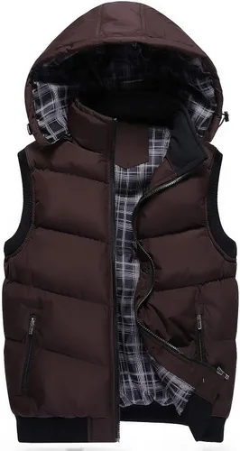 Vista 52 de WENKOMG1 Chaleco con capucha con doble cremallera para hombre, abrigo de color sólido, abrigo cálido y grueso, sin mangas, chaqueta suelta