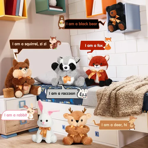 Vista 3 de Syhood 6 piezas de animales de peluche grandes del bosque de 11.8 pulgadas, oso de peluche, ciervo, zorro, ardilla, conejo, mapache, juguete