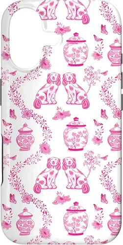 Vista 32 de Preppy - Carcasa para iPhone 16, diseño de perros y tarros de jengibre, color rosa y blanco