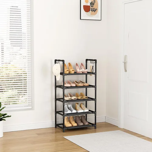 Vista 2 de LANTEFUL - Organizador de zapatos de 5 niveles, 12-15 pares, organizador de botas, estante resistente y estrecho para entrada, armarios con ganchos