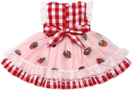Vista 2 de IDOPIP Baby Girls Gingham Tutu Dress Sequin Strawberry Cow Print Princess Birthday Party Dresses with Headband 2PCS Outfit