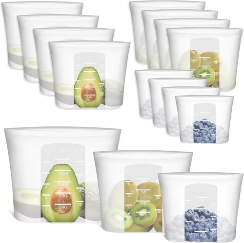 Vista 17 de Bolsas de Alimentos Reutilizables, Paquete de 12 Bolsas de Almacenamiento de Alimentos 100% Silicona que se Mantienen de Pie con Cierre Hermético