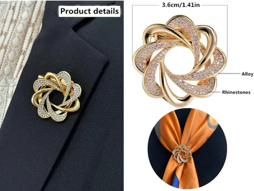 Vista 5 de 3 broches de clip para bufanda, todo en uno, elegantes diamantes de imitación florales de perlas, ropa dorada, broche de botón anudado, bufandas