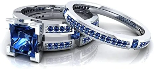 Vista 3 de Juego de anillos de compromiso de boda de zafiro azul creado princesa y redondo para mujer, plata de ley 925 chapada en oro blanco de 14 quilates