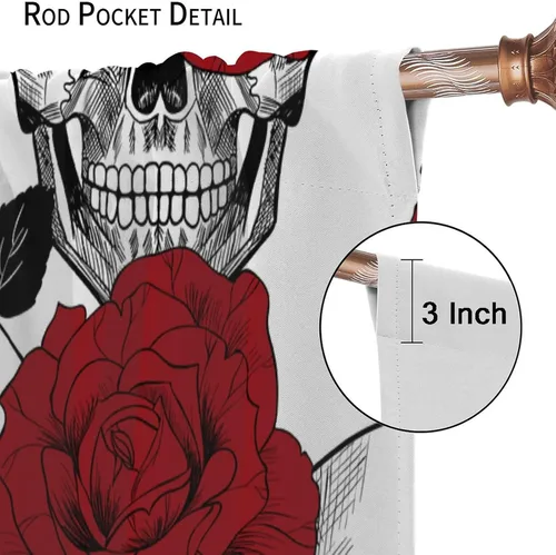 Vista 6 de Cortinas de cabeza de calavera, calavera blanca y rosas rojas con ramas y hojas negras, cortinas opacas decorativas para sala de estar, dormitorio