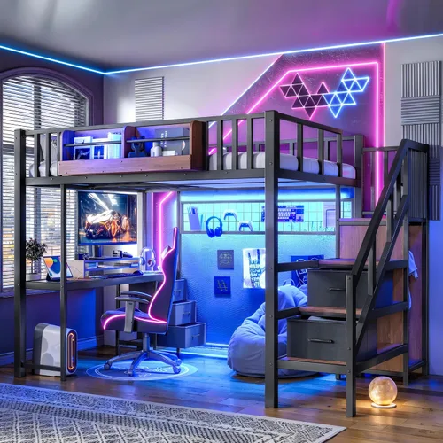 Vista 3 de MERITLINE Cama loft para juegos de tamaño matrimonial con escritorio y Negro