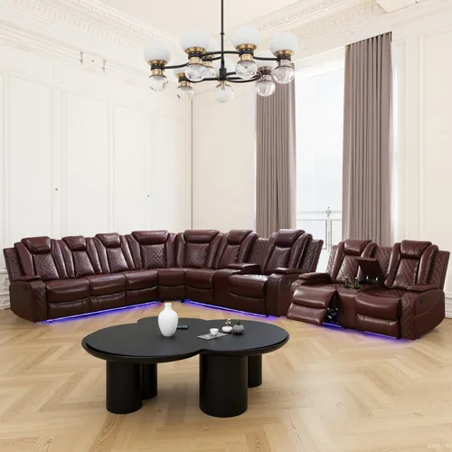 Vista 17 de Juego de sofá seccional reclinable con alimentación, juego de sofá modular reclinable de cuero negro en forma de L, sofá de cuero en forma de L