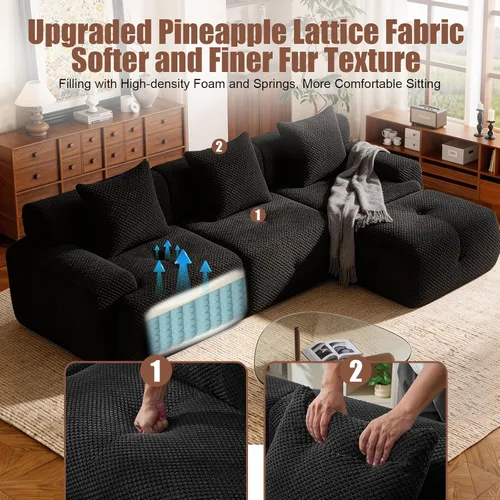 Vista 4 de Sofá modular modular de 104 pulgadas con otomana y 3 almohadas, sofá en forma de L sin hueso, relleno de material suave de celosía de piña con Negro