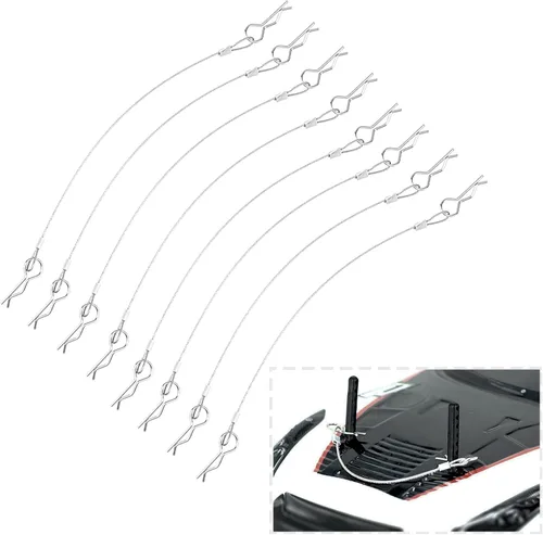 Vista 9 de ShareGoo - Paquete de 8 clips de metal en R con cuerda antipérdida de acero para carrocería RC compatible con 1/8 1/10 Traxxas HSP Arrma Axial Negro