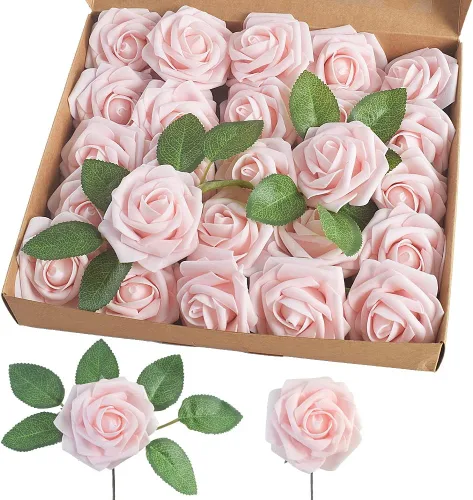 Vista 12 de homEdge Rosa Artificial, 25 piezas de flores artificiales de espuma con tallo para decoraciones del hogar, ramos de boda, fiesta, centros de mesa