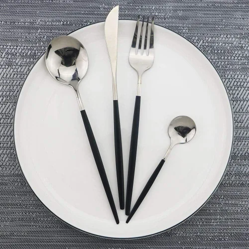 Vista 5 de JASHII Juego de cubiertos negros y plateados, cubiertos de acero inoxidable con acabado satinado, 20 piezas, utensilios de cocina, cubiertos pulidos