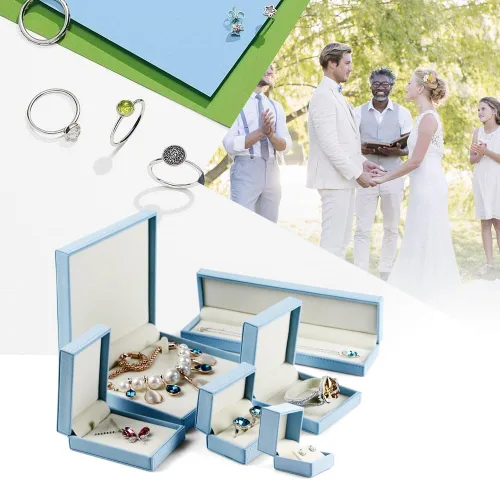 Vista 2 de Oirlv Caja de anillos dobles de cuero azul para boda, propuesta, compromiso.