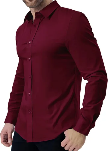 Vista 2 de ZAFUL Camisas de vestir elásticas y ajustadas para hombre, de manga larga, con botones, casual, de algodón