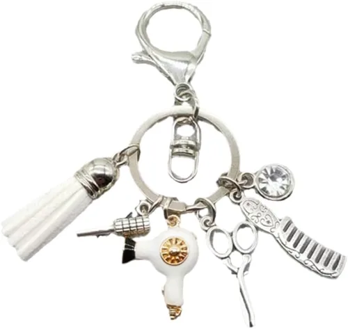 Vista 4 de Fuqimanman2020 Peine tijeras secador de pelo llavero con borla y diamante negro encanto peluquero estilista regalo joyería