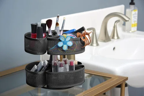 Vista 2 de Carrusel organizador Nifty – Acabado de recubrimiento en polvo negro, giros de 360 grados, almacenamiento cosmético de tocador de baño o dormitorio