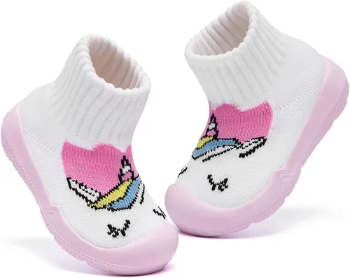 Vista 4 de MORENDL Zapatos de calcetín para caminar para bebé, 2 pies pequeños, pantuflas para niños pequeños, niñas y niños, suela suave, antideslizante