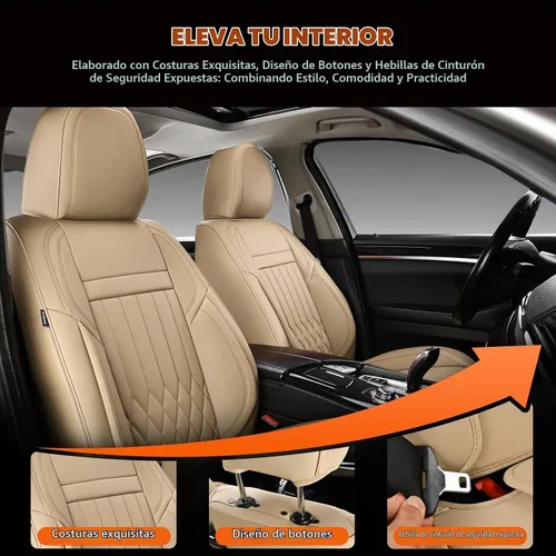 Vista 6 de Juego completo de fundas de asiento de automóvil de cuero napa impermeables y transpirables de 2 plazas, aptas para asientos delanteros de beige