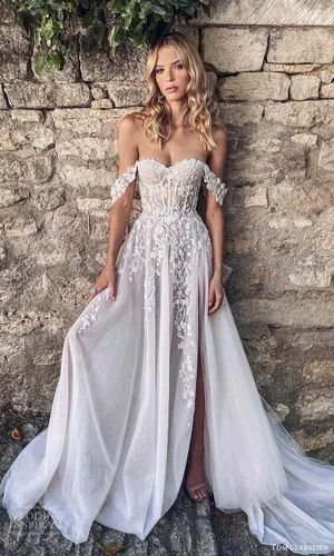 Vista 3 de YMSHA Vestidos de novia de playa con tirantes delgados para mujer, vestidos de novia de encaje largo bohemio 2025 para boda YMS041