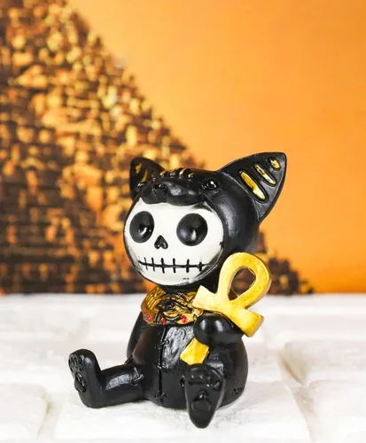 Vista 8 de Ebros - Figura pequeña de 2.75 pulgadas de alto con huesos peludos egipcios de gato felino, diosa Bastet sosteniendo Ankh, estatua de dioses