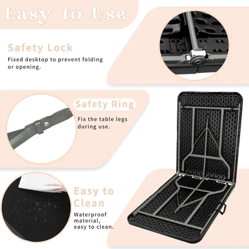 Vista 4 de Mesa plegable de 6 pies, mesa de camping portátil de plástico rectangular, mesa de comedor al aire libre, patas de acero, plegable por la mitad