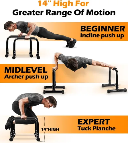 Vista 4 de TABEKE Barra de Flexiones, Barras Paralelas de Calistenia de Acero de 14'' de Altura con Mango de Espuma de Cobertura Completa y Barra de Inmersión