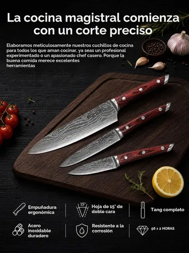 Vista 4 de FOHERE Juego de cuchillos de chef, 5 cuchillos de cocina ultra afilados con mango ergonómico de madera de Pakka roja, juego de cuchillos