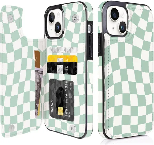 Vista 23 de Funda compatible con iPhone 14/15 con tarjetero y ranuras integradas de piel sintética con función atril y a prueba de golpes para iPhone 14/15