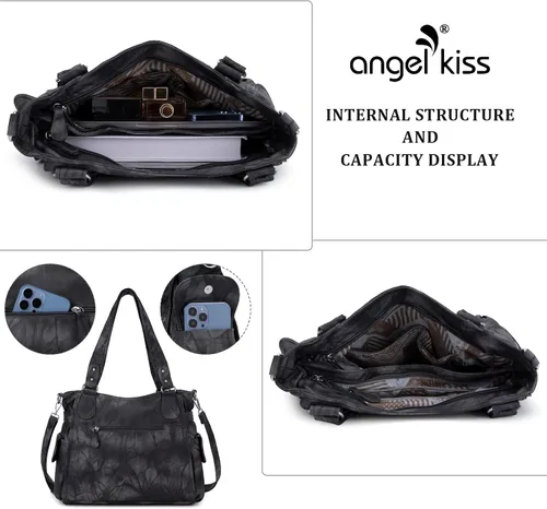 Vista 4 de Angel Kiss Bolsos para mujer con tiras en la parte superior, bolso estilo Hobo, bolsas de hombro espaciosas y casuales, cartera estilo Tote de PU