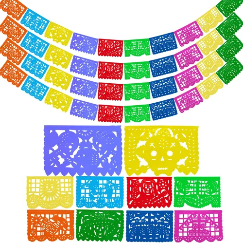 Vista 11 de Dia de los Muertos Papel Picado (PAPEL) – Decoración de fiesta del Día de Muertos (paquete de 4, 10 banderas por bandera) – Papel Picado Mexicano