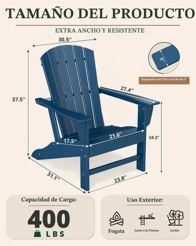 Vista 3 de BRIOPAWS Juego de 2 sillas Adirondack de gran tamaño HDPE Todo tipo de Azul