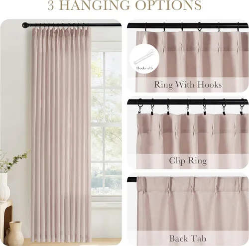 Vista 3 de PONY DANCE Cortinas plisadas de lino rosa de 96 pulgadas de largo para dormitorio, cortinas gruesas con pestaña trasera para sala de estar con 16