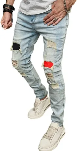 Vista 2 de Jeans ajustados para hombre de pierna recta, pantalones vaqueros ajustados elásticos impresos para hombre