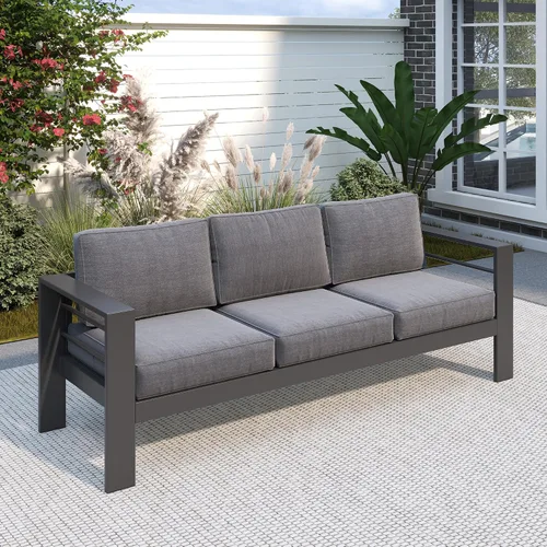Vista 37 de Solaste Sofá de aluminio para patio con mesa auxiliar, juego de 3 muebles de patio con cojines, sofá de exterior para todo tipo de clima