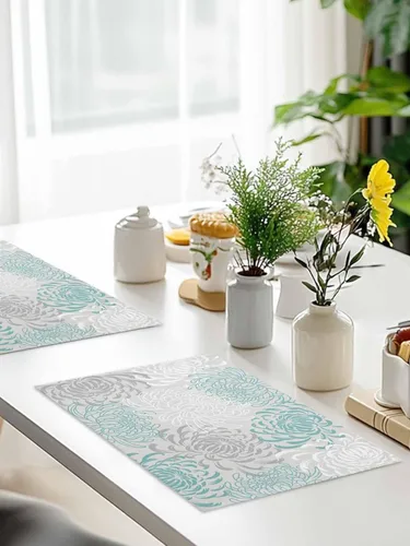 Vista 9 de Juego de 4 manteles individuales para mesa de comedor, diseño de crisantemo, color aguamarina, lino de algodón, impermeable, fácil de limpiar