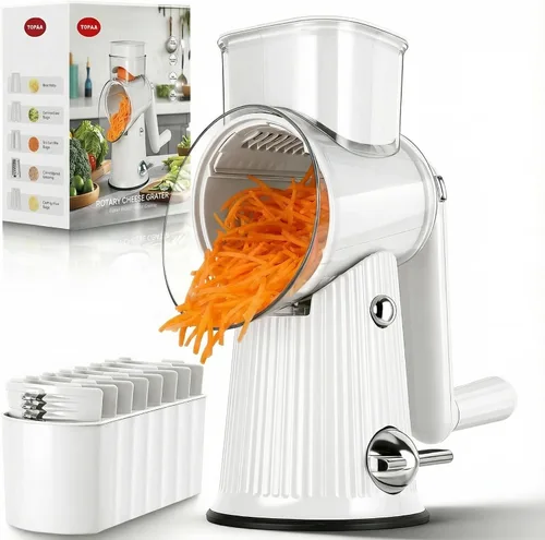 Vista 8 de Rallador rotativo de queso con asa, triturador de verduras con 5 cuchillas y base de succión fuerte, rebanador redondo y picador de alimentos