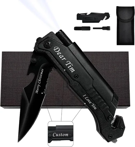 Vista 10 de Cuchillo táctico de supervivencia 7 en 1 - Rompe cristales, cortador de cinturón, hoja de acero serrada, encendedor, linterna LED, abridor