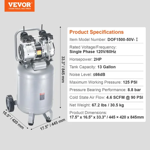 Vista 7 de VEVOR Compresor de aire de 13 galones, 2 HP, 4.6 SCFM a 90 PSI, tanque sin aceite, funcionamiento silencioso de 66 dB, ideal para inflar neumáticos