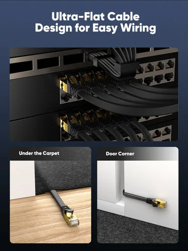 Vista 4 de Cable Ethernet Cat 8 20 pies con clips plano de alta velocidad STP RJ45 Gigabit LAN Red de Internet para Router - Negro